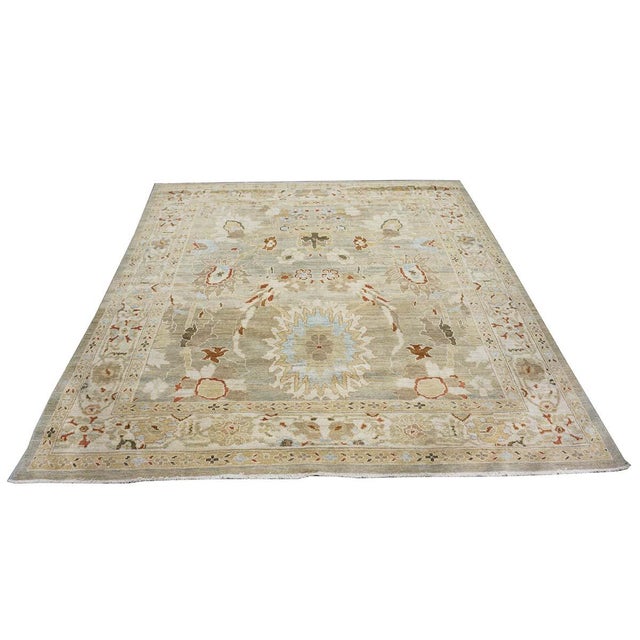Persian Persian Sultanabad Wool 8x8 Square Tan, Blue, & Ivory Handmade Area Rug #1143023 For Sale - Image 3 of 10