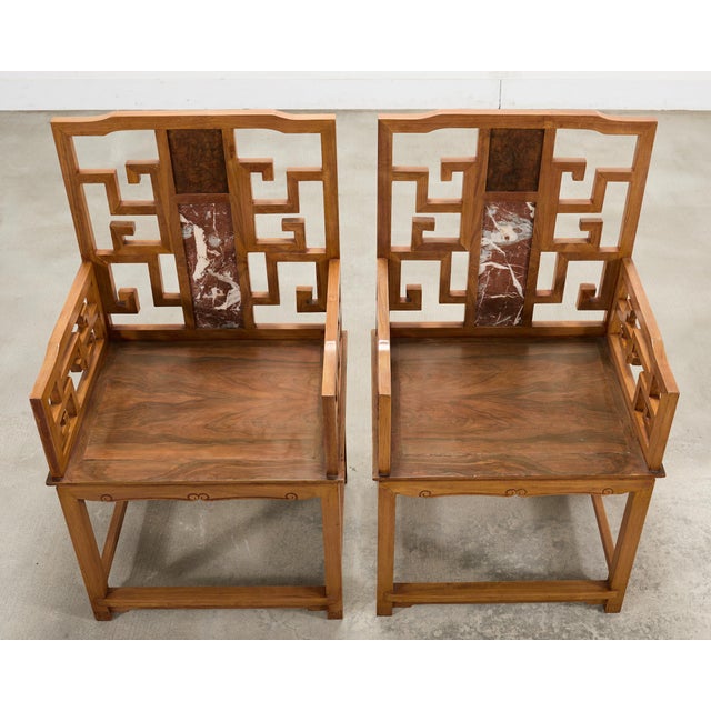 Pair of Chinese Ming Style Scholar's Armchairs With Marble Inset For Sale In Sacramento - Image 6 of 18