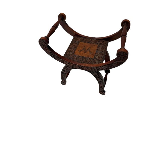 Art Nouveau Walnut Savonarola Hand-Carved Stool, 1900s For Sale - Image 3 of 9