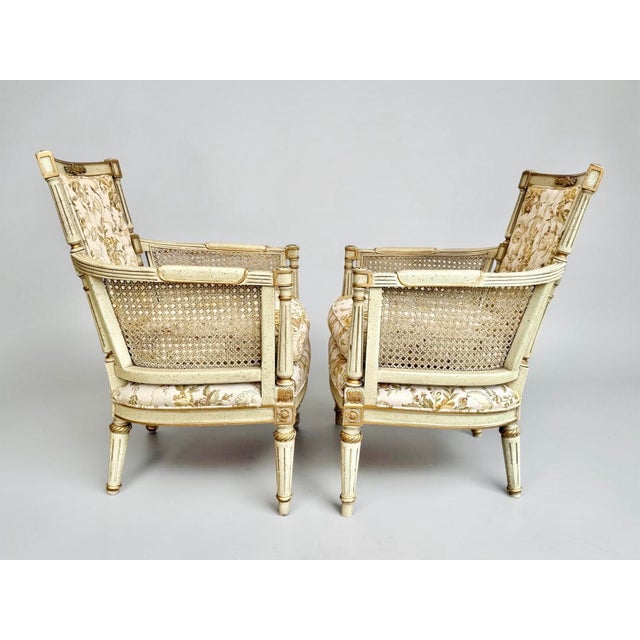 1950s 1950s Pair of Hibriten Chair Co. Louis XVI-Style Bergère Armchairs | Cream & Gilt | Cane Sides | Floral Brocade | Lenoir Nc For Sale - Image 5 of 12