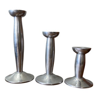 Late 20th Century Silver Tone Metal Candlesticks - Set of 3 For Sale