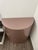 Large, 1980s metallic pink acrylic half moon pedestal. In overall good vintage condition with some wear and tear (see...