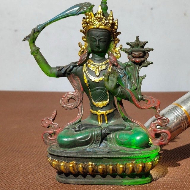 1940s Green Bodhisattva (Tara) Figurine Seated on Lotus Throne — Green & Gold Robes, Red Sashes For Sale In Los Angeles - Image 6 of 9