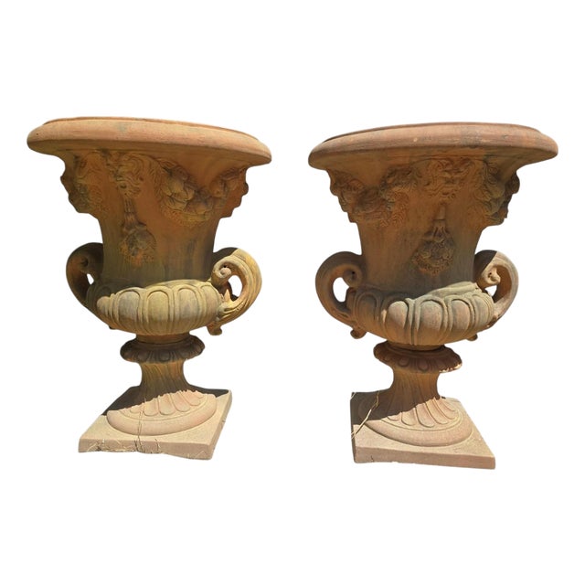 Impruneta Terracotta Urns with Masks and Floral Garlands, Italy, 1960s, Set of 2 For Sale