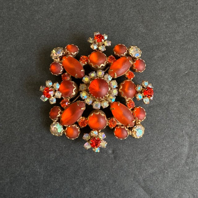 Weiss Bracelet & Brooch Set Demi Parure Orange Cabochon Aurora Borealis Crystal Rhinestone For Sale - Image 11 of 11