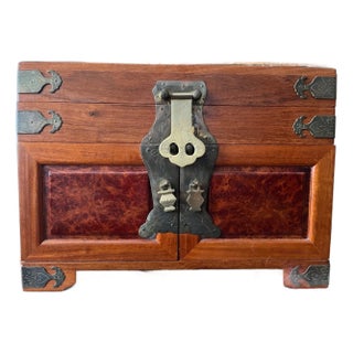 Late 20th Century Chinese Burl Wood Jewelry Chest Ornate Brass Hardware Green Silk Lining 9x14x10 For Sale