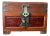 Late 20th Century Chinese Burl Wood Jewelry Chest Ornate Brass Hardware Green Silk Lining 9x14x10 For Sale