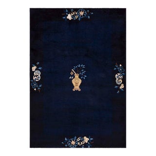 1920s Blue Navy Vase Minimalist Antique Chinese Peking Knotted Wool Rug Carpet For Sale