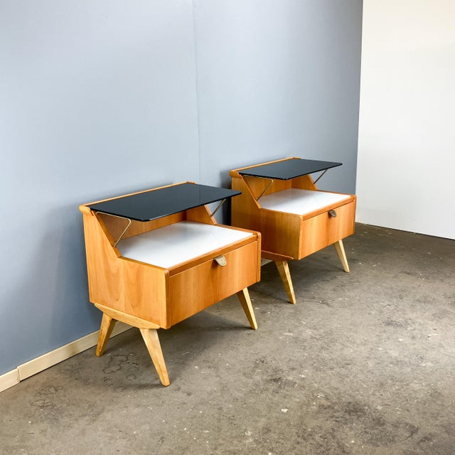 Mid-Century Modern Pearwood Bedside Tables with Black and White Glass Tops from WK Möbel, 1950s, Set of 2 For Sale - Image 3 of 15