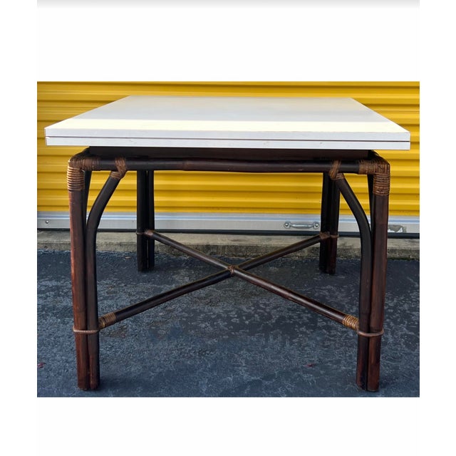 Brown Ficks Reed Ming Style Bamboo and Brass Dining / Game Table Set With Six Chairs and Conversion Table For Sale - Image 8 of 8
