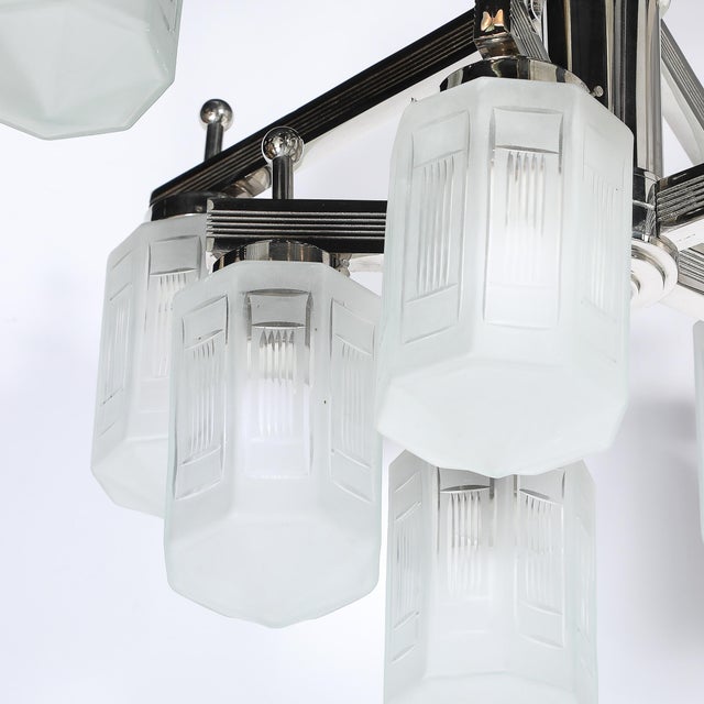 Art Deco Style 10 Arm Frosted & Etched Glass Chandelier W/ Polished Nickel Frame For Sale - Image 4 of 18