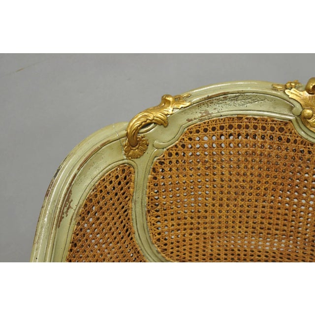 Late 20th Century Vintage French Louis XV Style Green Painted Gold Gilt Cane Bergere Arm Chair For Sale - Image 5 of 17