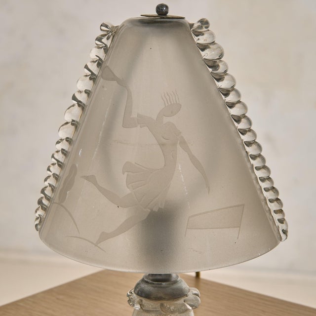 Transparent Petite Italian Art Deco Etched Murano Glass Lamp, 1940s For Sale - Image 8 of 13