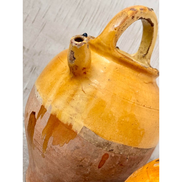 French 19th Century Antique Glazed Yellow Confit, Cruche Pot, Gargolette With Top Handle and Spout- A Pair For Sale - Image 10 of 12