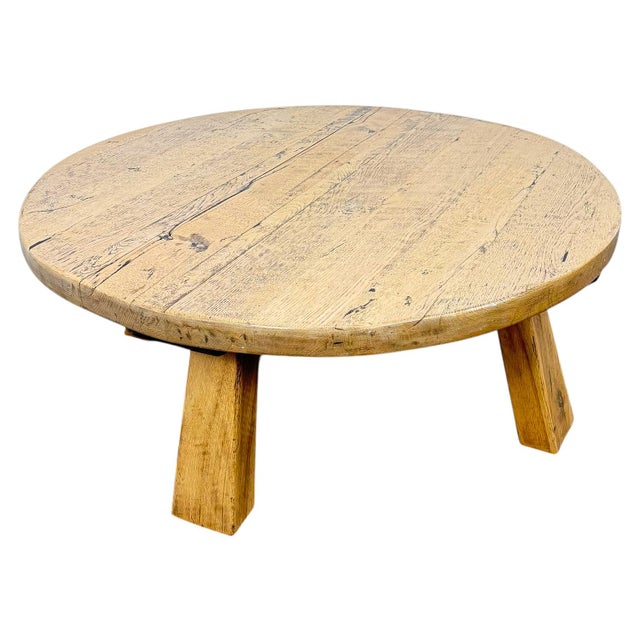 Vintage Rustic Brutalist European Round Oak Coffee Table , 1950s For Sale - Image 4 of 11