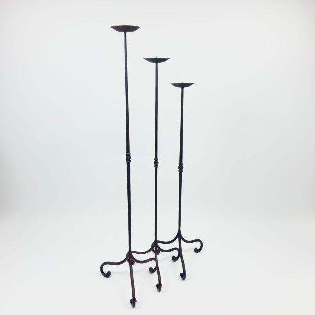 2020s Hand Forged Iron Candelabra Set of 3 (90-110cm) Antique Copper Finish Straight Stem with Ornate French Scroll Feet For Sale - Image 5 of 6