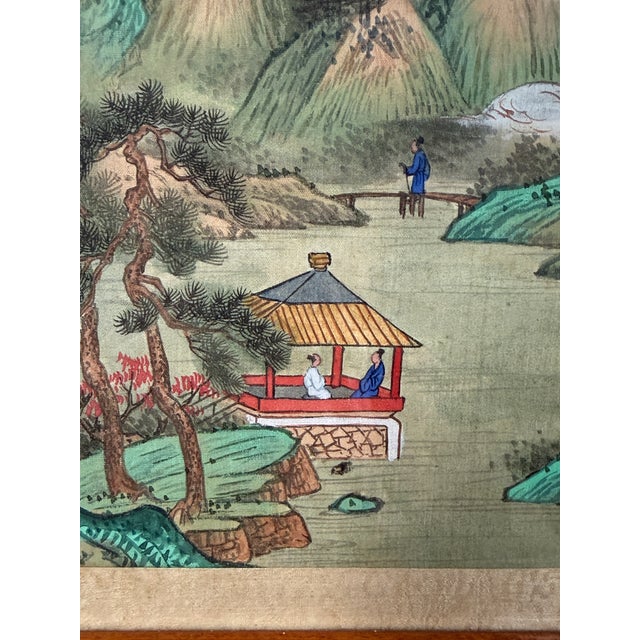 1950s c.1950 Chinese Republic Silk Painting Mountain River Landscape W Figures, Seal Signed For Sale - Image 5 of 12