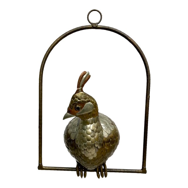 1970s Sergio Bustamante Mixed Metal Cockatiel Perched on Swing Mexico For Sale