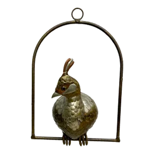 1970s Sergio Bustamante Mixed Metal Cockatiel Perched on Swing Mexico