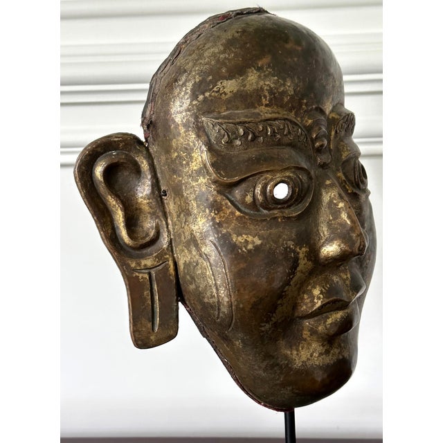 Red Tibetan Gilt Copper Alloy Mask on Display Stand For Sale - Image 8 of 18