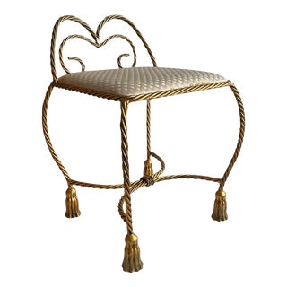 1960s Italian Regency Gold Gilt Iron Rope Tassel Vanity Chair For Sale