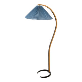 Floor Lamp by Mads Caprani With Original Pleated Blue Shade Dark Wood Postmodern For Sale