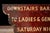 Double-sided hand-painted plywood advertising sign directing patrons to a downstairs bar. The stepped Art Deco-inspired...