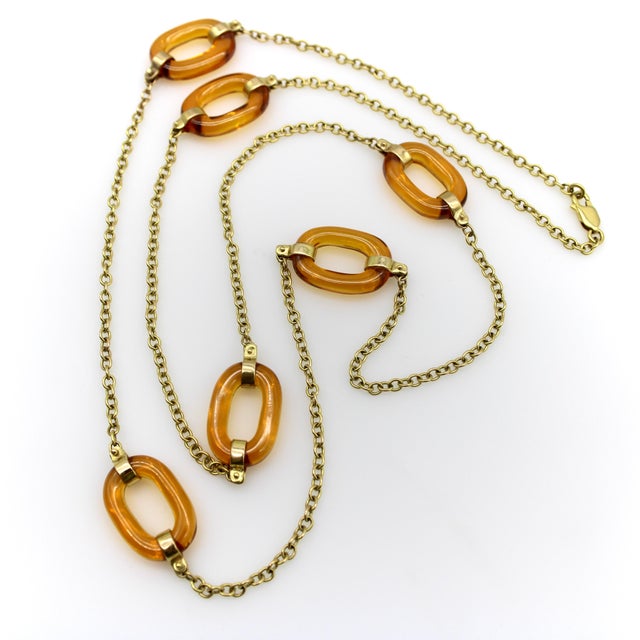 1970s 14k Gold and Amber Glass Oval Link Station Necklace Chain For Sale In Los Angeles - Image 6 of 9