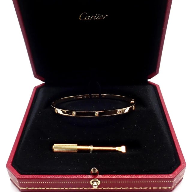 Mid 20th Century Cartier Love 10 Diamond Small Model Yellow Gold Bangle Bracelet For Sale - Image 9 of 9