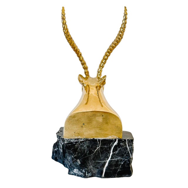 1970s Hollywood Regency Brass Gazelle / Antelope Head Bookends on Raw Edge Marble Bases - A Pair For Sale - Image 9 of 12