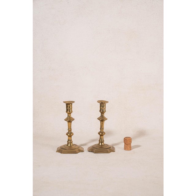 19th Century Pair of 19th Century Brass Candlesticks With Beveled Square Base For Sale - Image 5 of 5