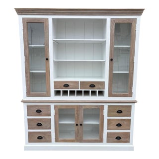 Farmhouse 2-Toned Solid Wood Hutch Kitchen Cabinet For Sale