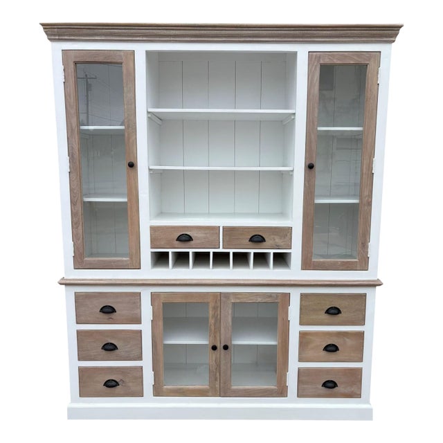 Farmhouse 2-Toned Solid Wood Hutch Kitchen Cabinet For Sale