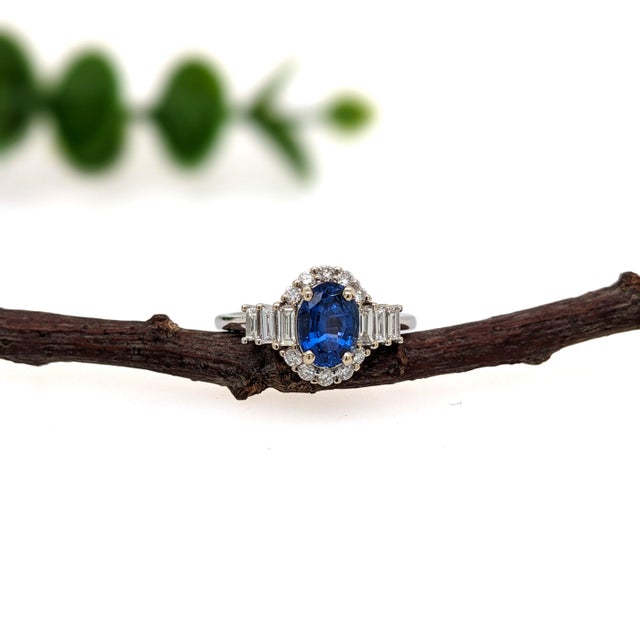 2020s Royal Blue Sapphire Ring With Natural Diamond Halo: Solid 14k Gold, Oval 7x5mm, Size 6.75 For Sale - Image 5 of 8