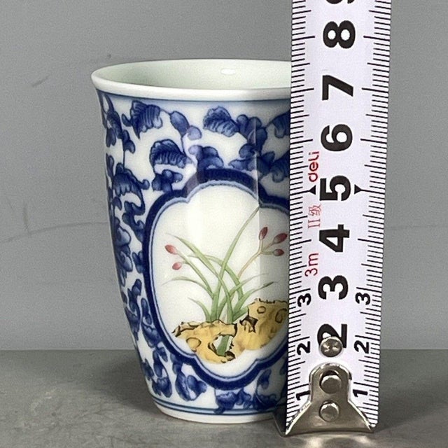 Vintage Qing Blue & White Porcelain Cup – Famille Rose Orchid Medallion, "Qing Dynasty Collection" Mark For Sale In Los Angeles - Image 6 of 9