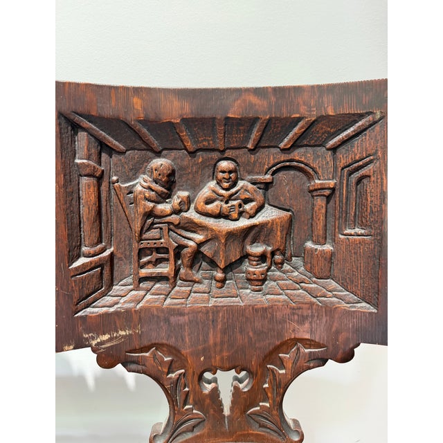 Brown Antique German Black Forest Carved Tiger Oak Drunken Monk Tavern Bench For Sale - Image 8 of 16