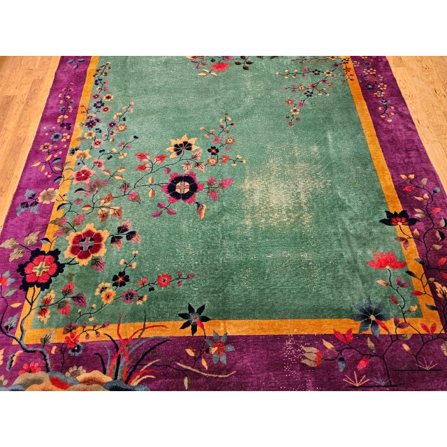 Vintage Art Deco Chinese Rug, Hand-Knotted Wool, Floral Motif, Turquoise & Purple, 9x12 For Sale - Image 14 of 18