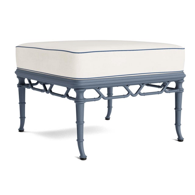 Brown Jordan Calcutta Ottoman in Sapphire with Sea Salt and Navy Welt Cushions For Sale