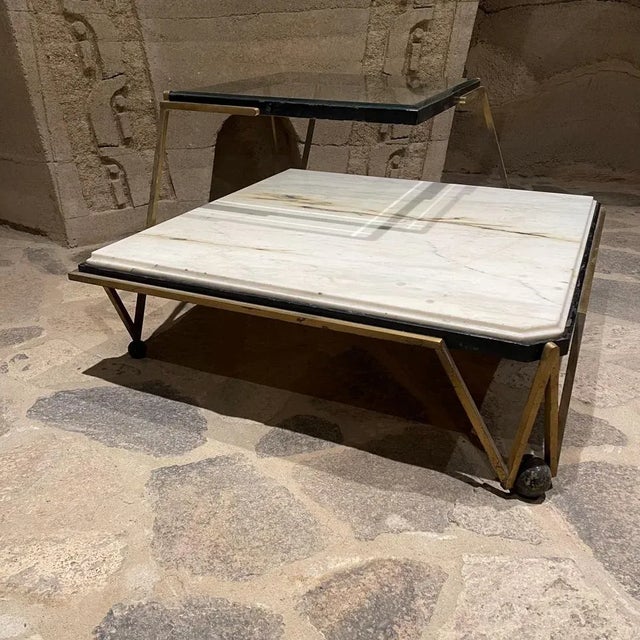 1950s 1950s Arturo Pani Mexico Corner Table in Marble Beveled Glass Bronze For Sale - Image 5 of 13