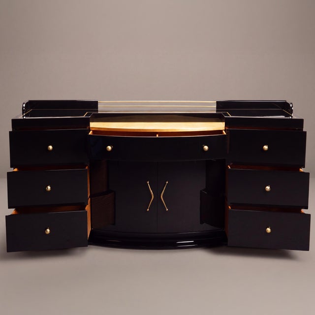 Art Deco Art-Deco Bar Cabinet in High-Gloss Piano Black With Brass Hardware & Gold Leaf For Sale - Image 3 of 9
