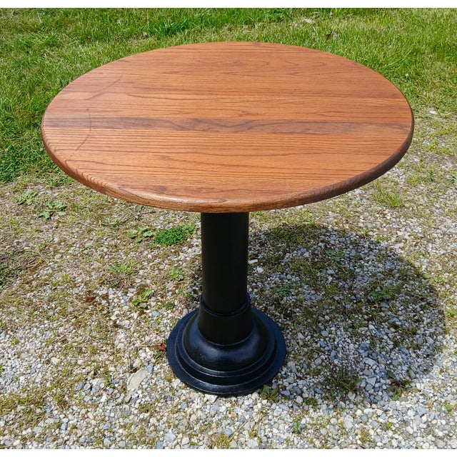 Brown Antique Round Oak Top Pub Table or Game Table With Cast Iron Column Base For Sale - Image 8 of 17