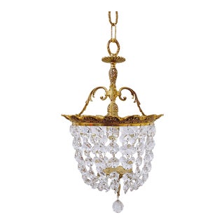 1920s Brass Crystal Basket Pendant Light For Sale