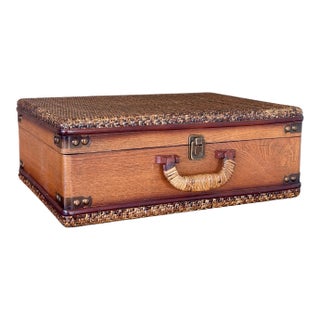 Vintage Rattan Wrapped Decorative Suitcase Trunk For Sale