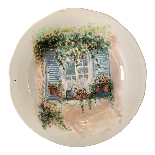 15: Large Italian Hand Painted Platter With Country Window Theme For Sale