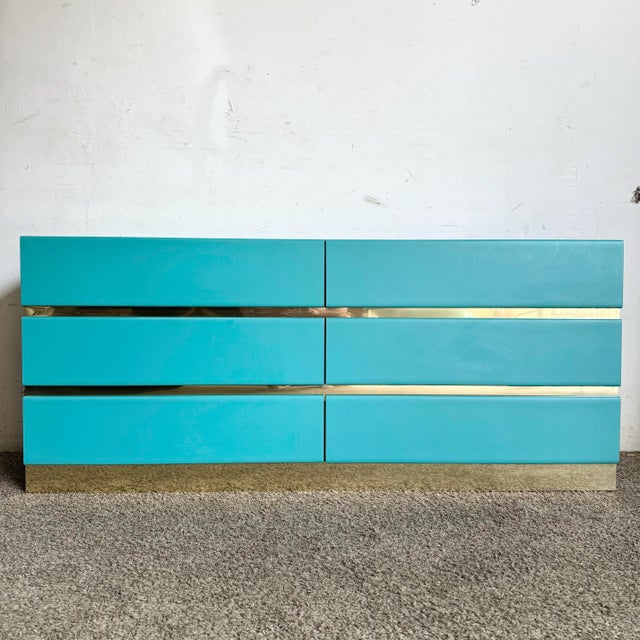 Postmodern Teal Laminate Dresser With Gold Accents - 6 Drawers For Sale - Image 9 of 9