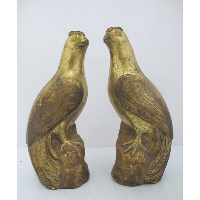 Vintage pair of Borghese Italian Chalkware quail figurines. Mid century style decorative birds painted in gold Each...