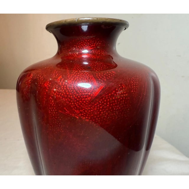 Antique Japanese Ginbari Red Foil Enamel Bird Bamboo Bronze Guilloche Vase Asian For Sale - Image 11 of 18