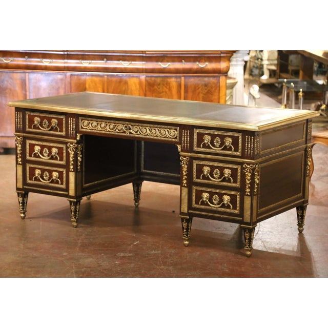 Wood 19th Century French Louis XVI Mahogany, Bronze & Leather-Top Partner Desk For Sale - Image 7 of 15