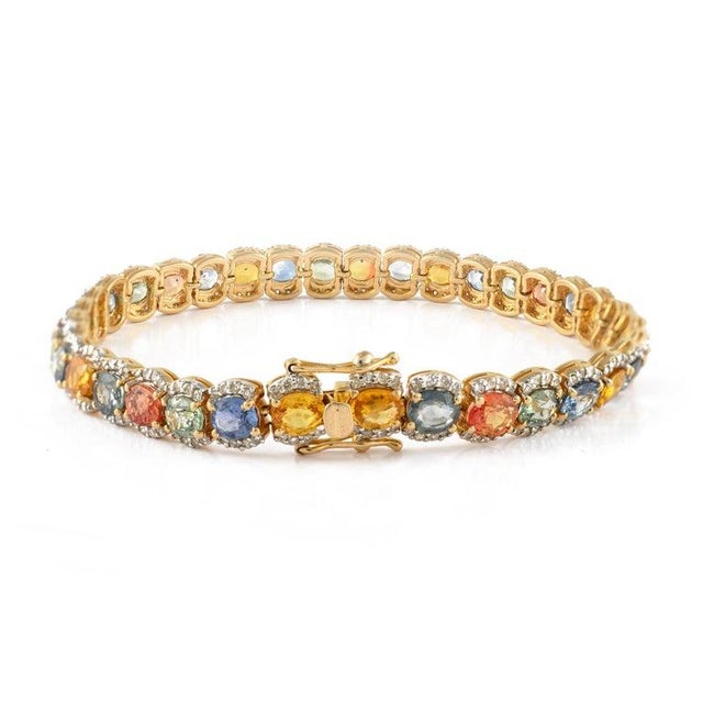 17.85 Ct Multi Sapphire Wedding Tennis Bracelet With Diamonds in 14k Yellow Gold For Sale - Image 10 of 11