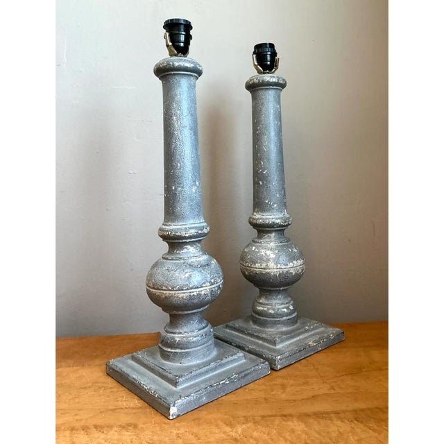 Farmhouse Vintage Distressed Wood Table Lamps - Pair For Sale - Image 3 of 12